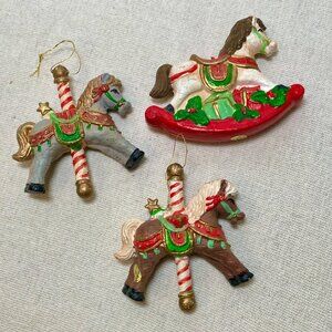 Vintage White Rose Painted Blow Mold Plastic Carousel Pony Christmas Ornaments